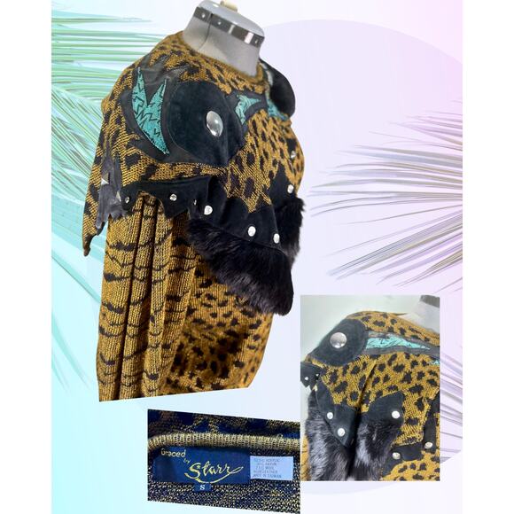 Vintage 80s Graced by Starr Faux Fur Studded Suede Leopard Print Sweater Size S - Picture 2 of 4